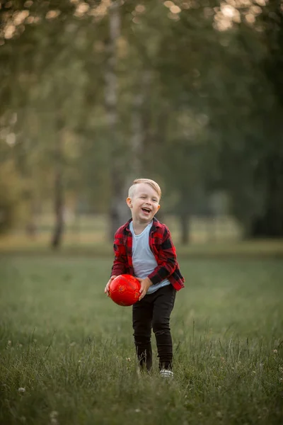 Un bambino con un pallone da calcio con il suo cane — Foto Stock