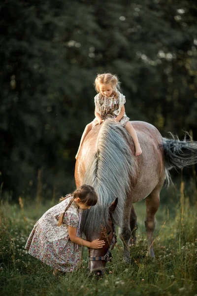 Little sisters med häst — Stockfoto