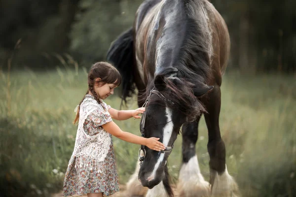 Petite fille avec cheval shire — Photo