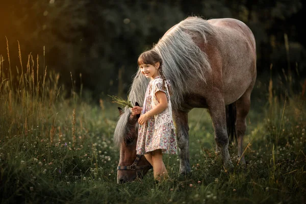 Petite fille avec cheval — Photo