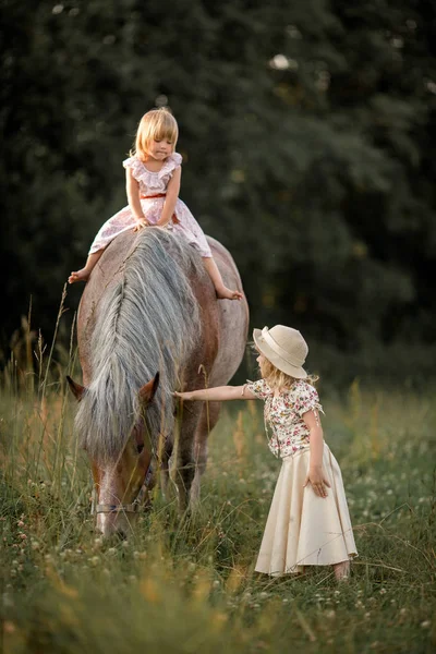 Irmãzinhas com cavalo — Fotografia de Stock