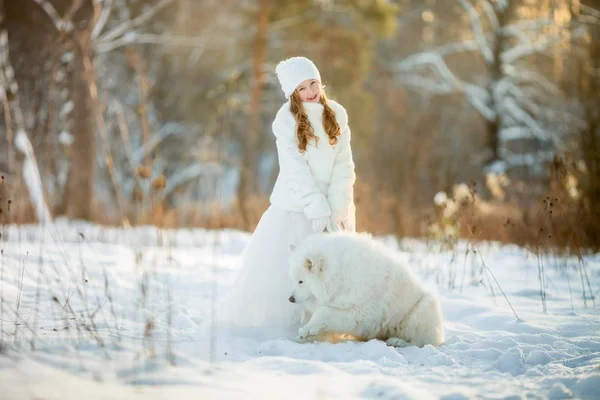 Winter meisje portret met Samojeed hond — Stockfoto