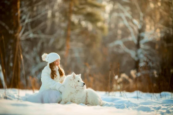 Zimowych dziewczyna portret z psem samojeda — Zdjęcie stockowe