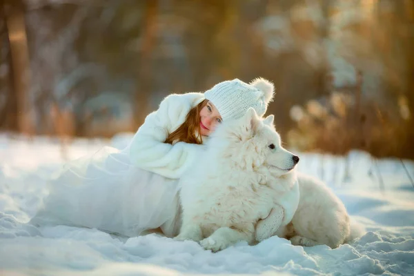 Winter girl portrait with samoyed dog — Stock Photo, Image