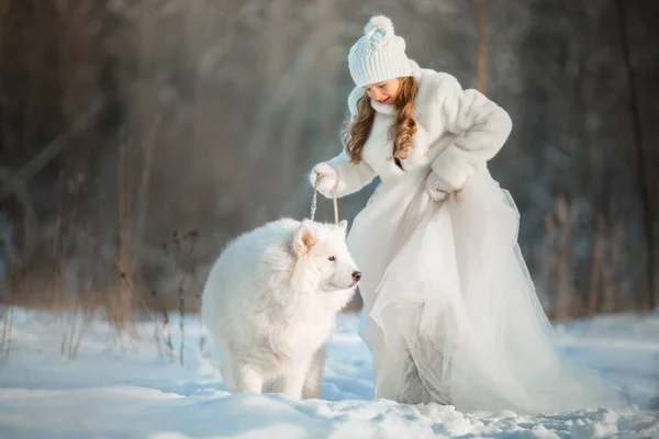 Retrato de menina de inverno com cão samoyed — Fotografia de Stock