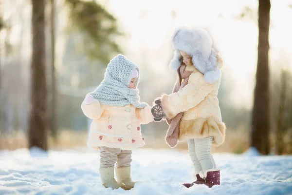 Winterporträt Eines Kleinen Mädchens Pelzmantel Sonnigen Park — Stockfoto