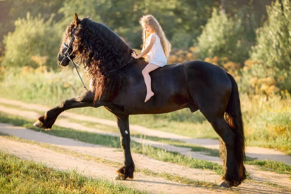Little  girl with black friesian stallion — Stock Photo, Image