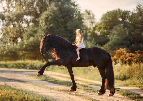 Little  girl with black friesian stallion — Stock Photo, Image