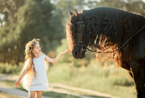 小女孩与黑 friesian 种马 — 图库照片