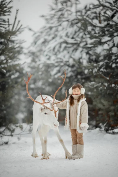 Små Flickor Porträtt Med Vita Hjortar Vinter Skog — Stockfoto