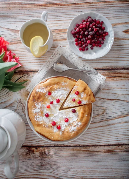 Breakfast Cheesecake Cranberries Sugar Green Tea Lemon Wooden Table — Stock Photo, Image