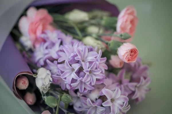 Buquê Primavera Cores Rosa Roxo Com Cravo Jacinto — Fotografia de Stock