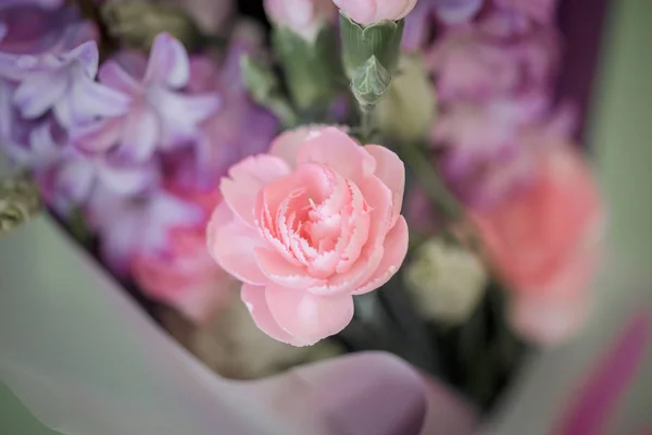 カーネーションとヒヤシンスのピンクと紫の色で春の花束 — ストック写真