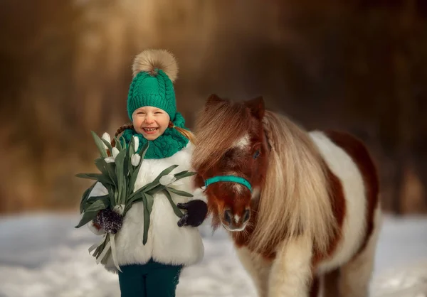 Menina Com Pônei Pinto Parque Inverno — Fotografia de Stock