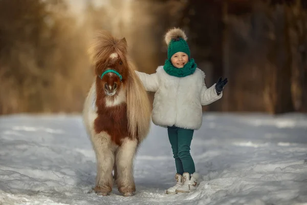 冬の公園でピントのポニーを持つ少女 — ストック写真