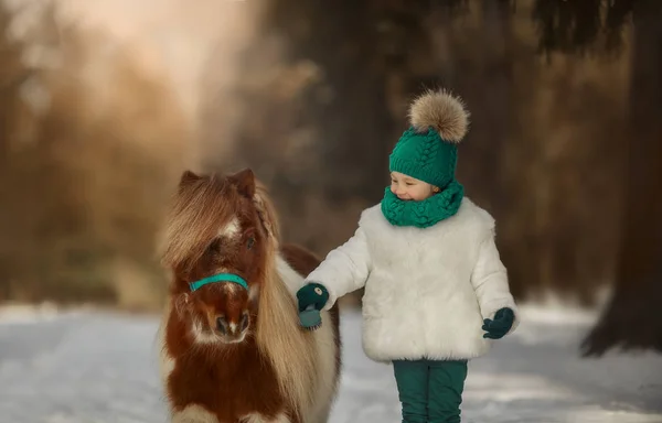 Bambina Con Pony Pinto Nel Parco Invernale — Foto Stock