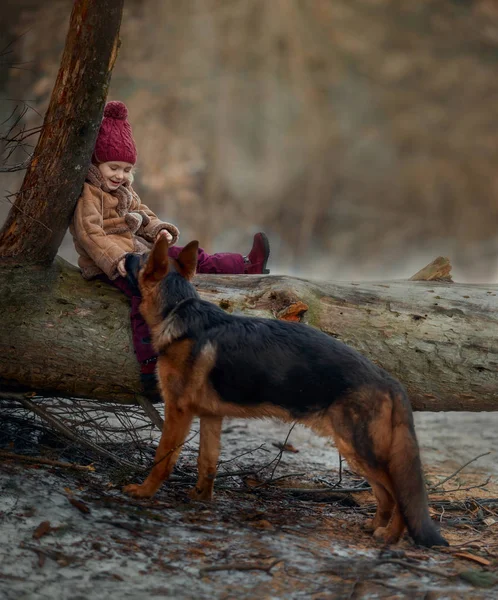 Meisje Met Duitse Herder Maanden Puppy Bij Vroege Voorjaar Forest — Stockfoto