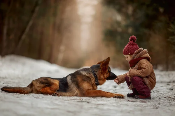 Meisje Met Duitse Herder Maanden Puppy Bij Vroege Voorjaar Forest — Stockfoto