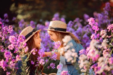 Pembe bir çayırda küçük kız kardeşler açık hava portresi 