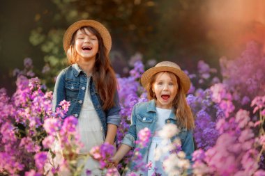 Pembe bir çayırda küçük kız kardeşler açık hava portresi 