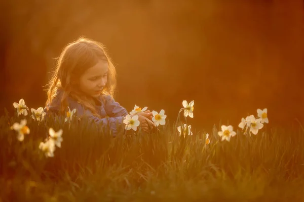 Little girl outdoor portrait near narcissus — Stock Photo, Image