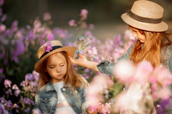 Piccole sorelle ritratto all'aperto in un prato rosa — Foto Stock