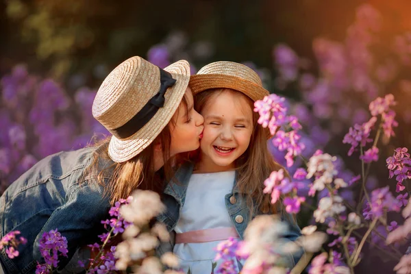 Kleine zusters buiten portret in een roze weide — Stockfoto