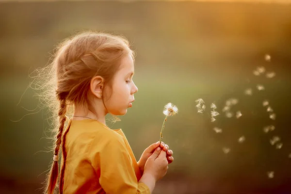 Menina soprando a flor de dente de leão — Fotografia de Stock