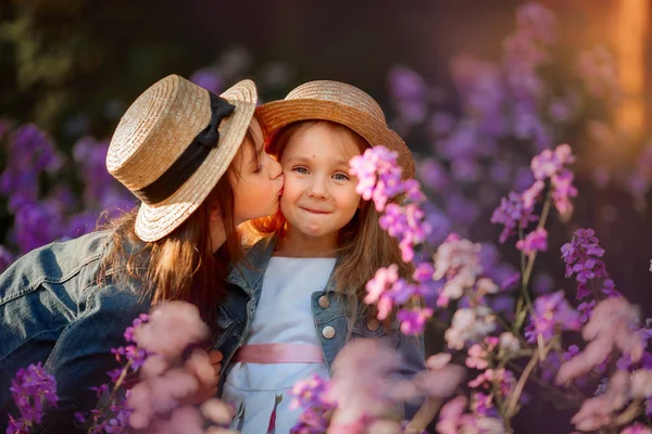 분홍색 초원에서 작은 자매 야외 초상화 — 스톡 사진