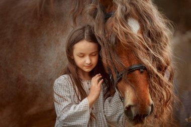 Yaz akşamı tarlasında kırmızı atlı küçük kız (Gypsy cob)