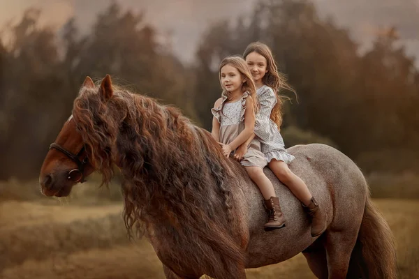 Due Sorelline Sul Cavallino Rosso Pettine Zingare Nel Campo Estivo — Foto Stock