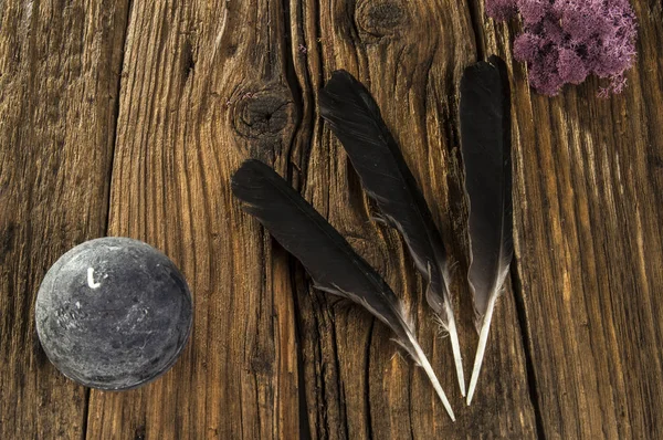 Zwarte Raven Veren Magie Hekserij Traditionele Raven Veren Stilleven — Stockfoto
