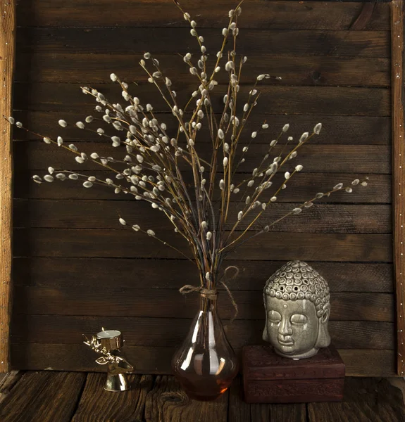 Pussywillow Branches Still Life Buddha Head Rustic Home Decor Woodland — Stock Photo, Image