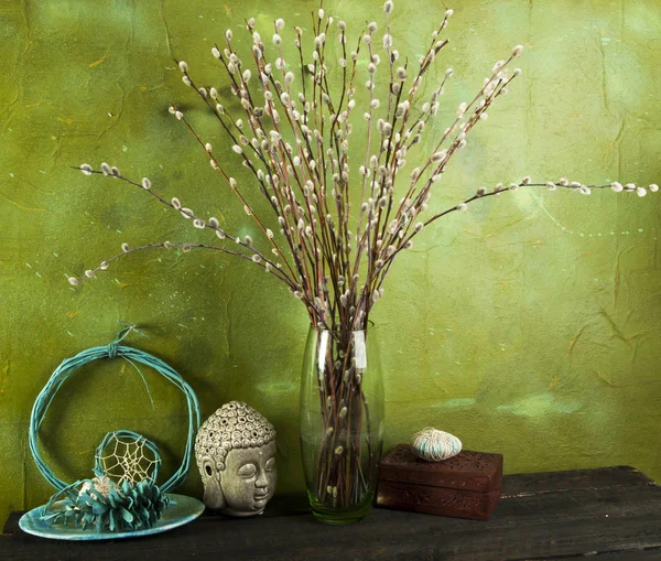 Pussywillow Branches Still Life Buddha Head Rustic Home Decor Woodland — Stock Photo, Image