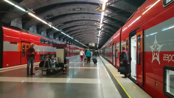 Aeroexpress treno stand su una piattaforma di Vnukovo Aeroporto . — Video Stock