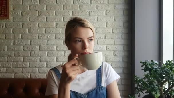 Jeune Femme Blonde Avec Une Tasse Thé Dans Café — Video