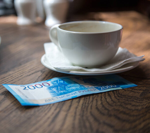 New 2000 rubles banknote in cafe
