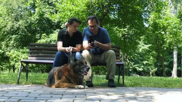 Papá, hija y perro en el parque — Vídeos de Stock