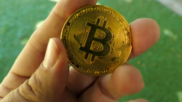 Goldener Bitcoin in der Hand — Stockvideo