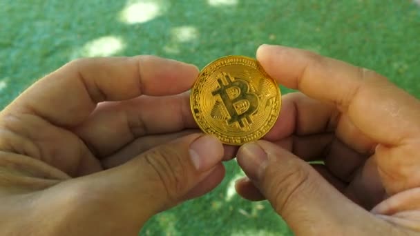 Goldener Bitcoin in der Hand — Stockvideo