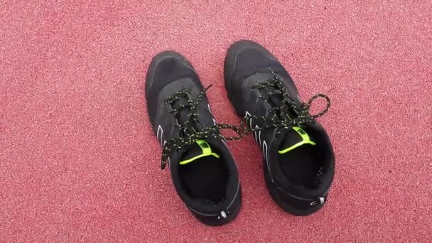 Sneakers on Running Track Rubber Cover Texture — Stock Video