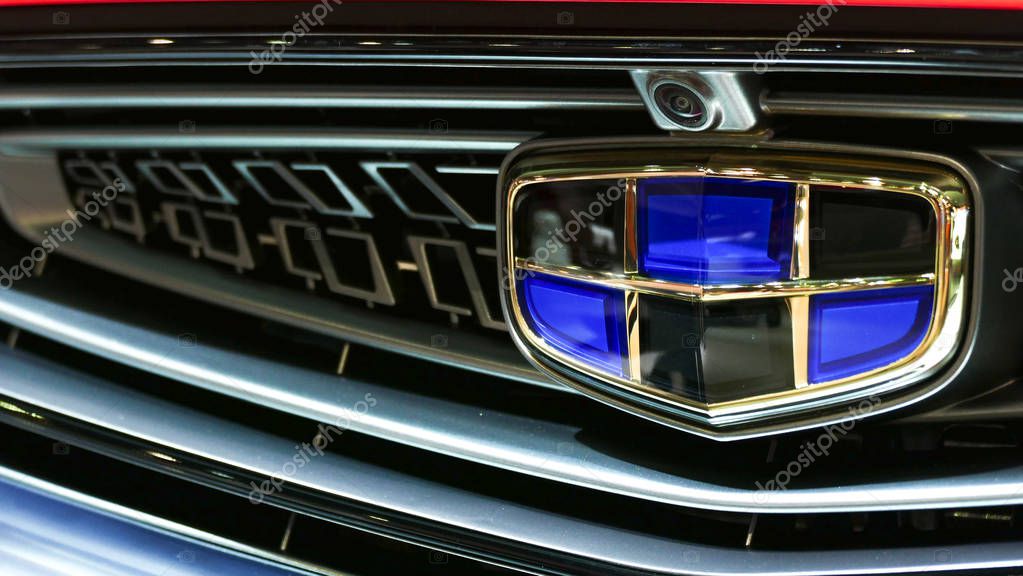 Close-up Geely logo in mims 2018 exposition. Geely is the famous Chinese automobile factory. SEP 03, 2018 MOSCOW, RUSSIA