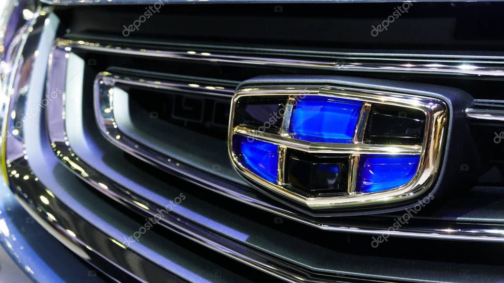 Close-up Geely logo in mims 2018 exposition. Geely is the famous Chinese automobile factory. SEP 03, 2018 MOSCOW, RUSSIA