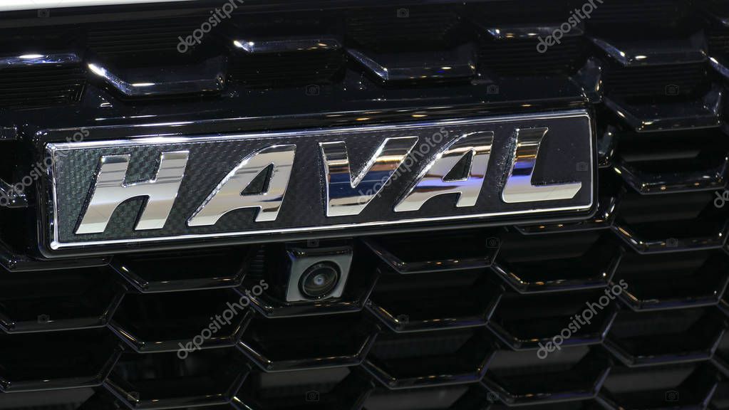 Close-up Haval logo on grill in mims 2018 exposition. Haval is the famous Chinese automobile factory. SEP 03, 2018 MOSCOW, RUSSIA