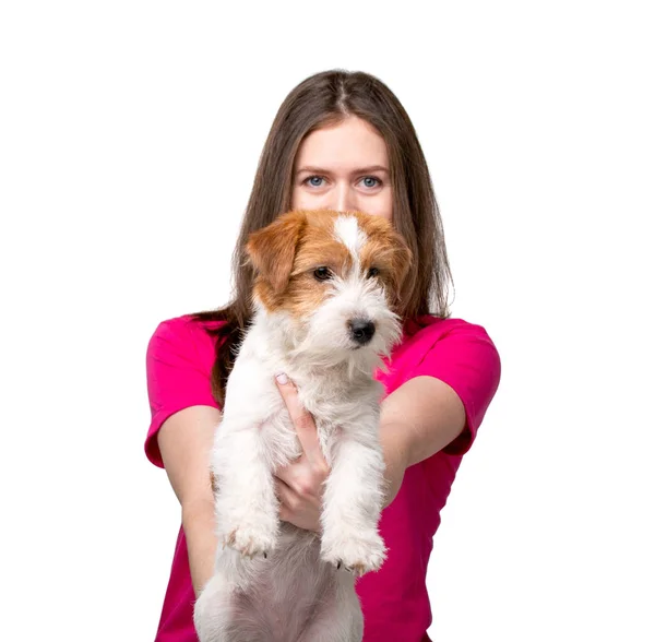 Pretty girl with terrier puppy — Stock Photo, Image