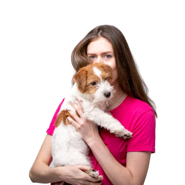 Bella ragazza con cucciolo terrier — Foto Stock