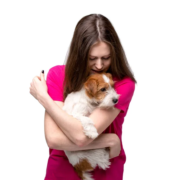 Mooi meisje met Terriër pup — Stockfoto