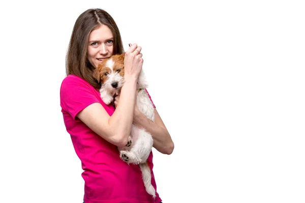 Chica bonita con terrier cachorro — Foto de Stock