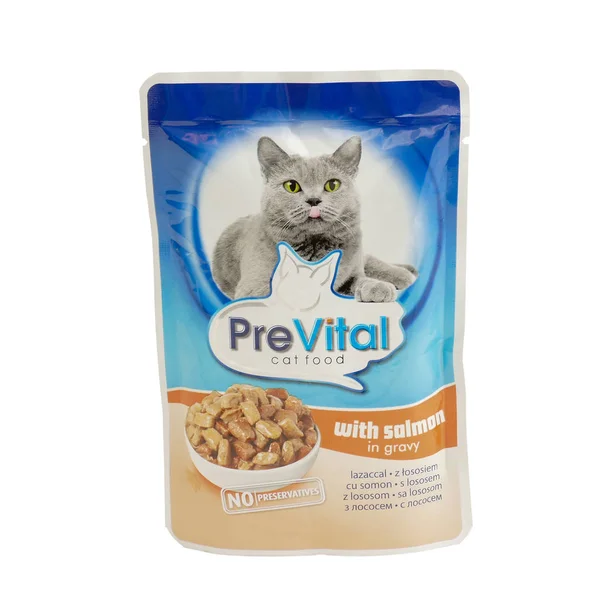 Prevital met zalm, zakjes van voeding voor de kat. — Stockfoto