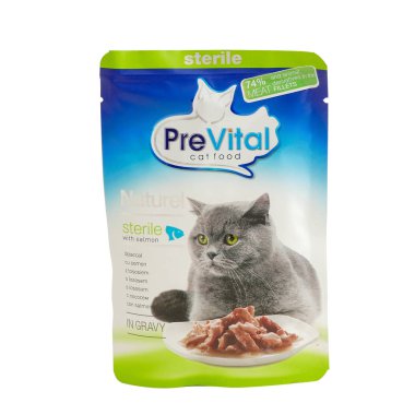 Somon, torbalar içinde kedi maması ile prevital.